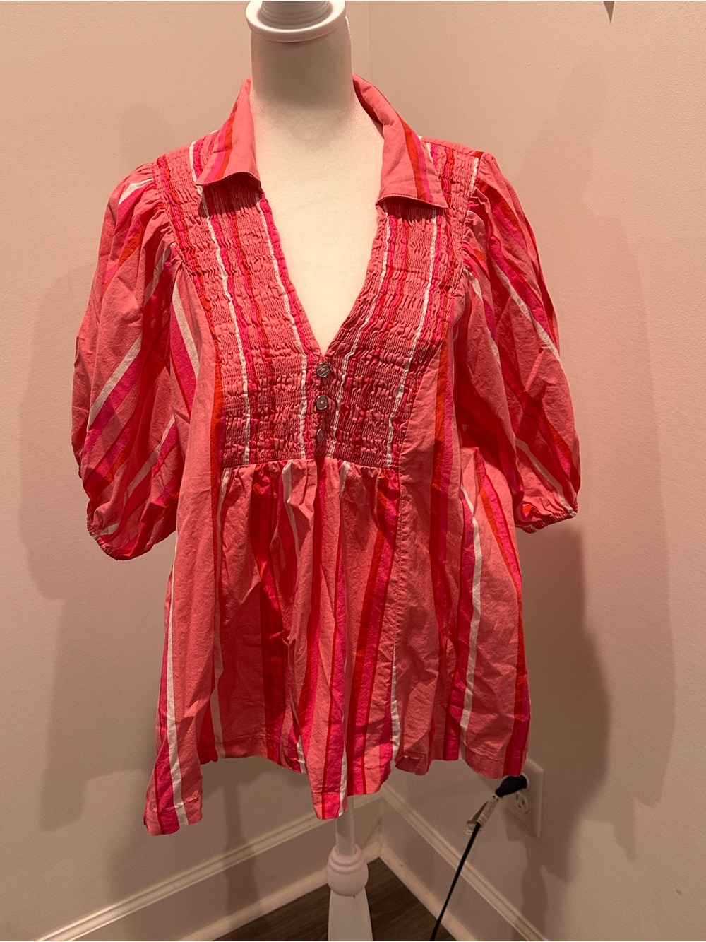 Umgee Pink Striped Smocked V-Neck Peasant Blouse